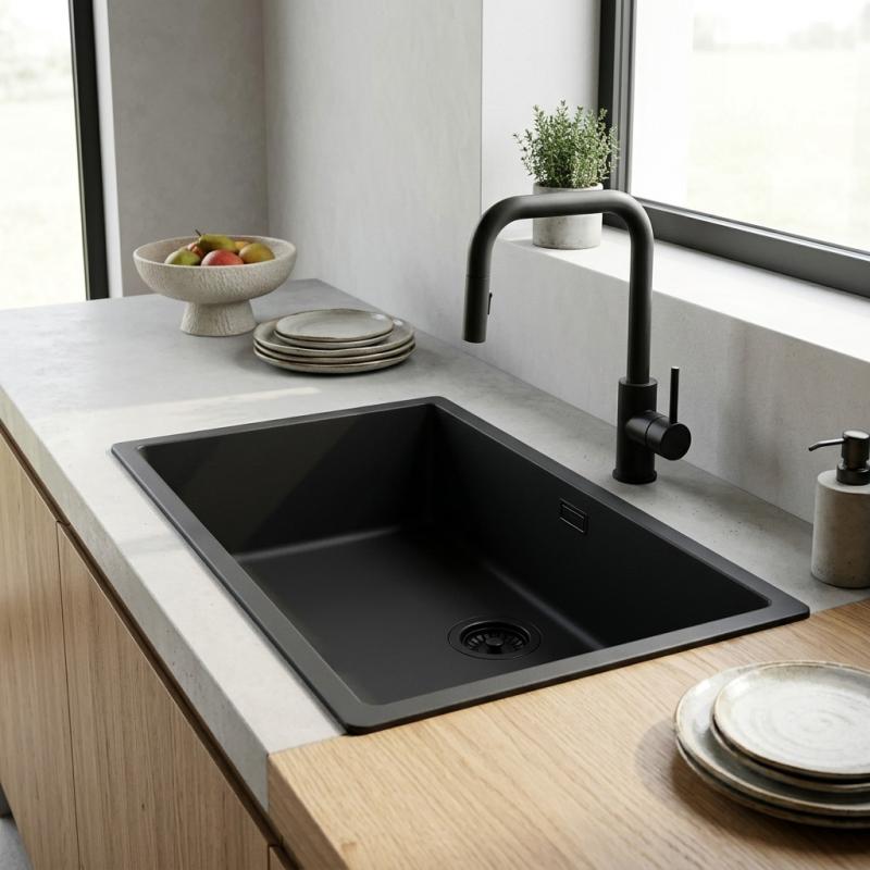 Zwart grote spoelbak 70x40cm onderbouw en opbouw met automatische zwarte plug 1208971862